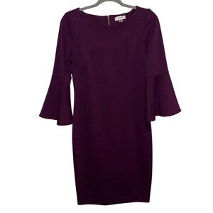 Calvin Klein Purple Bell Sleeve Sheath Dress W/ Gold Zipper Accent Size 6